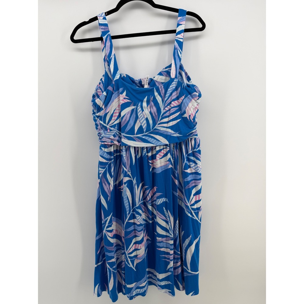 Soma Tank Dress XXL Blue Tropical Print Built In Bra Padded Sundress Stretch - Picture 2 of 8